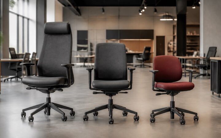 Três cadeiras corporativas de portes diferentes alinhadas em showroom contemporâneo