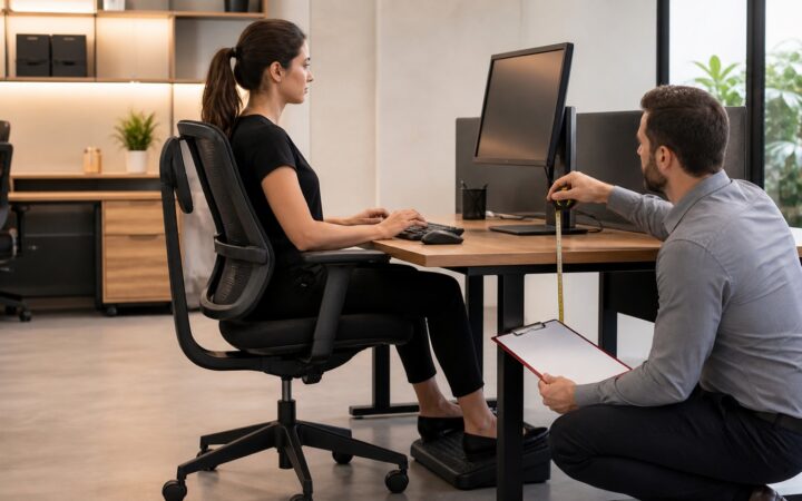 Profissional ajustando cadeira ergonômica diante de mesa e monitor em posto completo