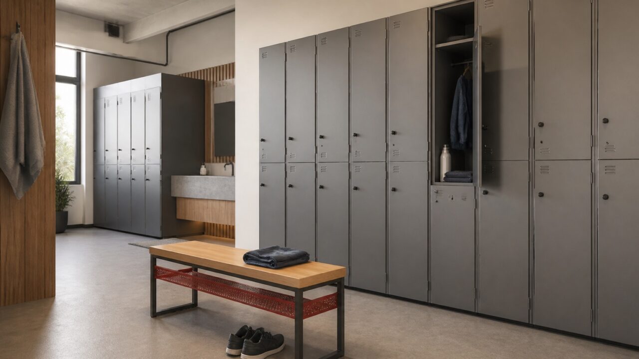 Roupeiros e lockers em vestiário corporativo organizado