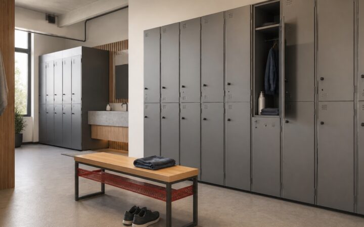 Roupeiros e lockers em vestiário corporativo organizado