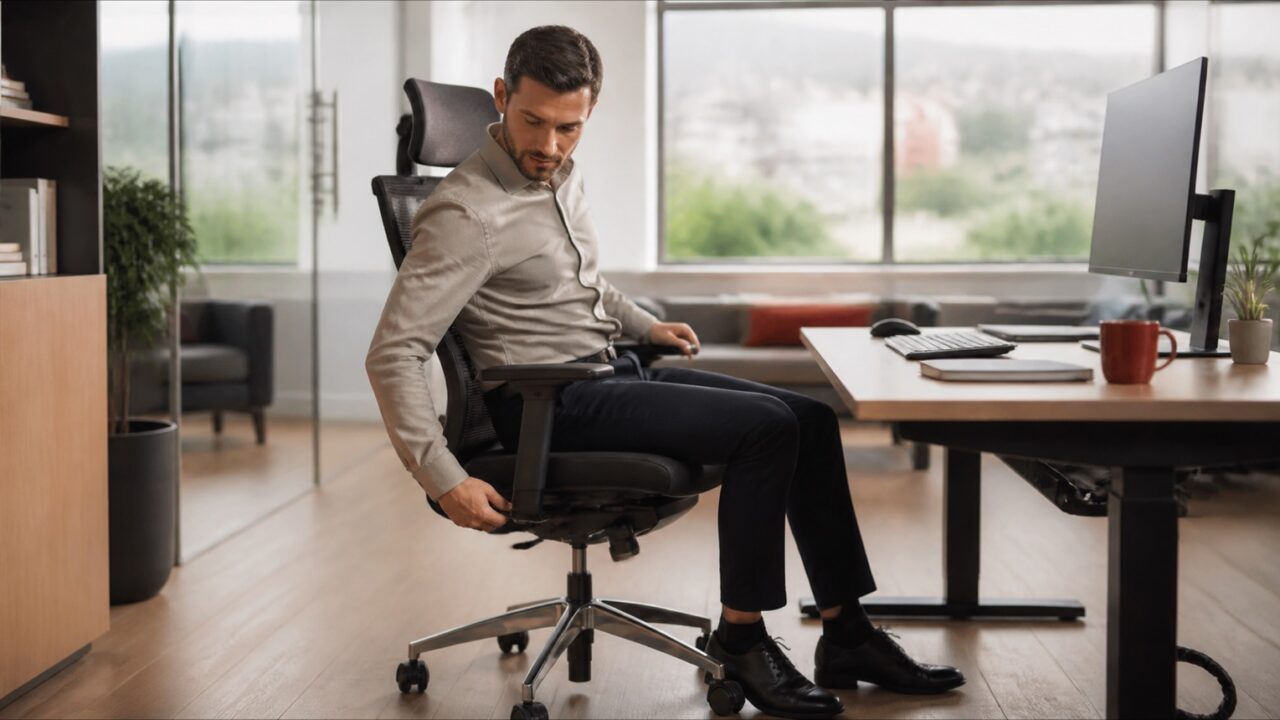 Profissional ajustando cadeira ergonômica em posto de trabalho