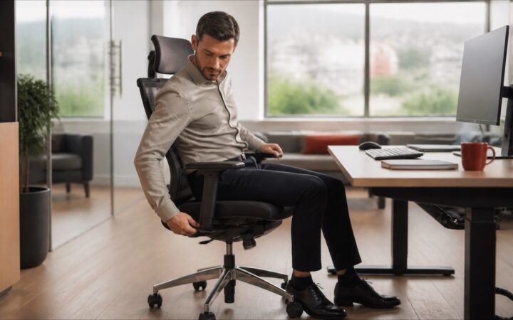 Profissional ajustando cadeira ergonômica em posto de trabalho