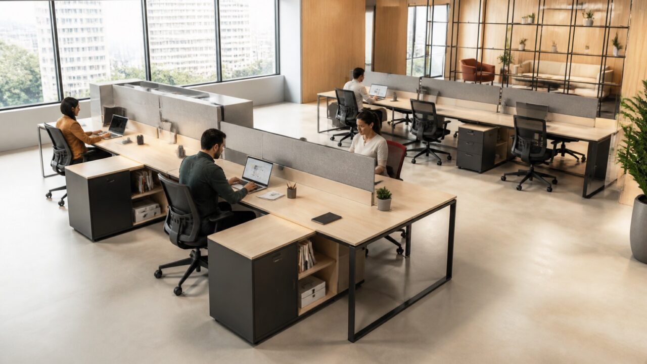 Estações de trabalho modulares em escritório corporativo