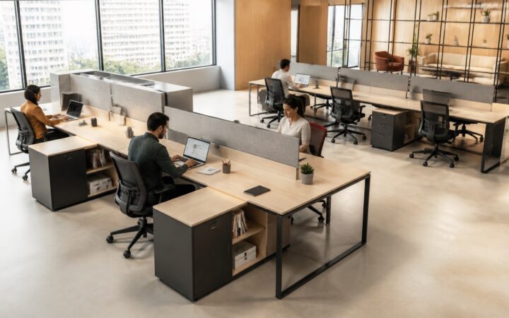 Estações de trabalho modulares em escritório corporativo