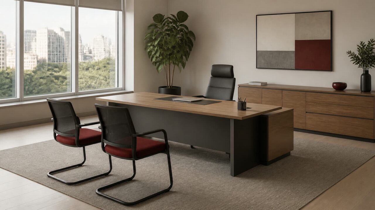 Sala executiva com mesa de diretoria, armário lateral e cadeiras para visitantes