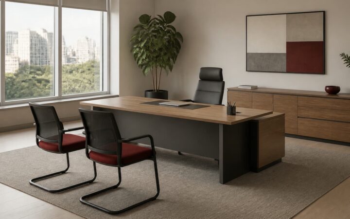 Sala executiva com mesa de diretoria, armário lateral e cadeiras para visitantes