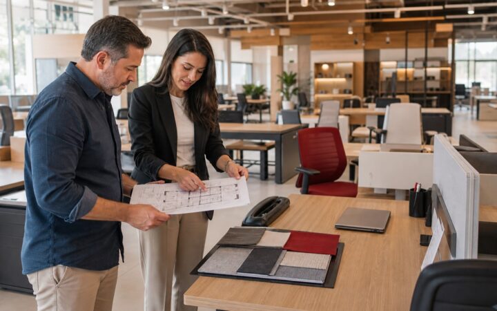 Cliente e consultora comparando móveis em showroom de escritório