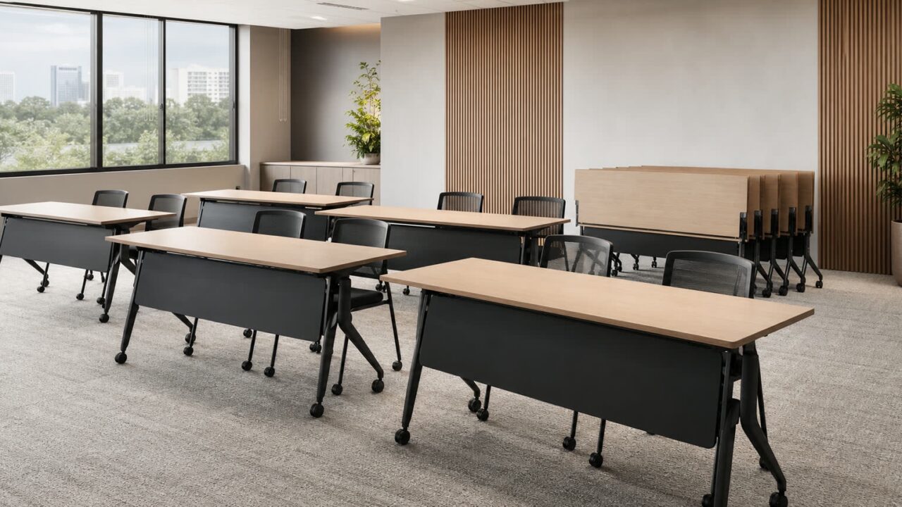 Sala de treinamento com mesas rebatíveis em uso e outras compactadas ao fundo