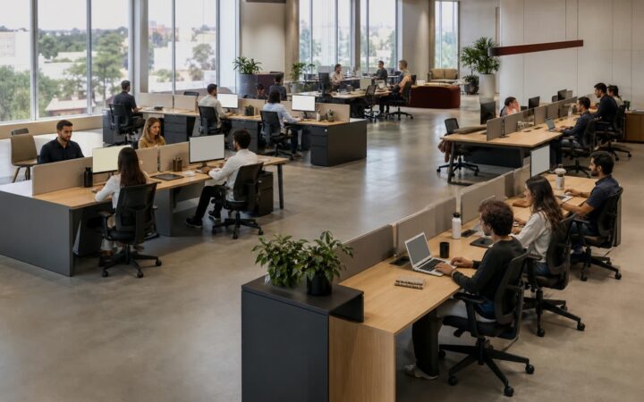 Escritório com estações de trabalho de diferentes capacidades e circulação livre