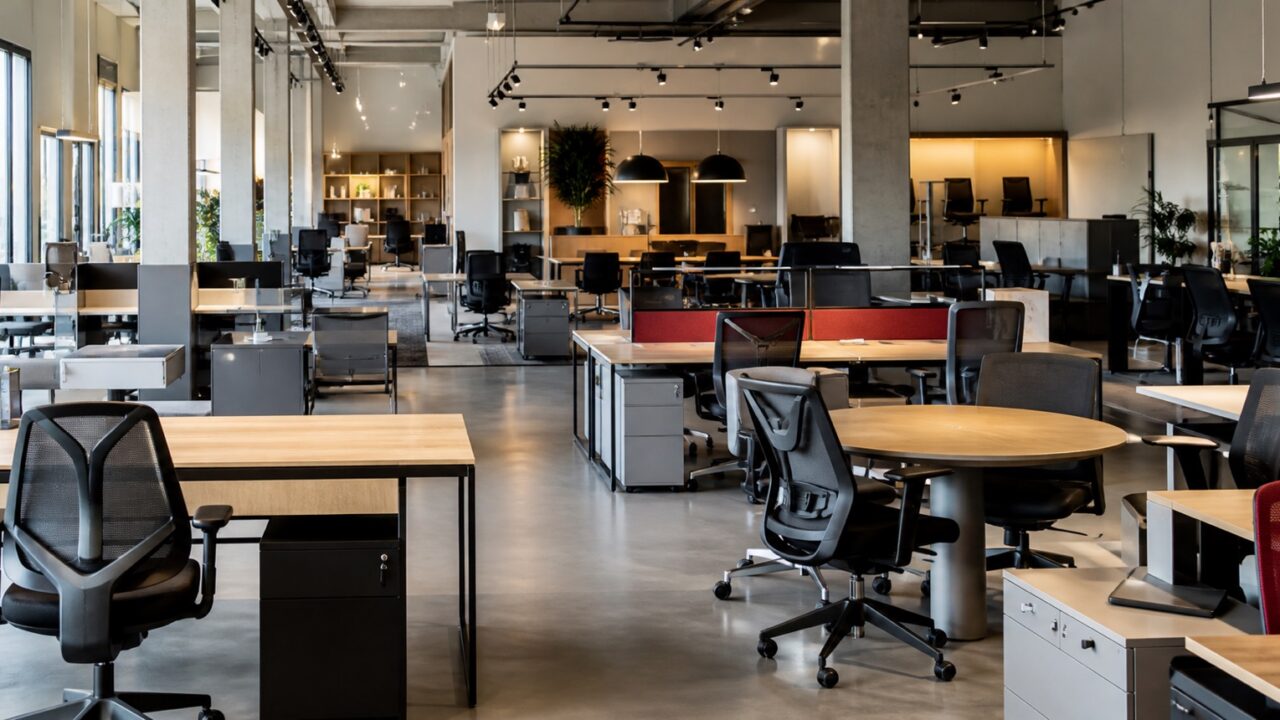 Interior de showroom de móveis corporativos com cadeiras, mesas e estações de trabalho