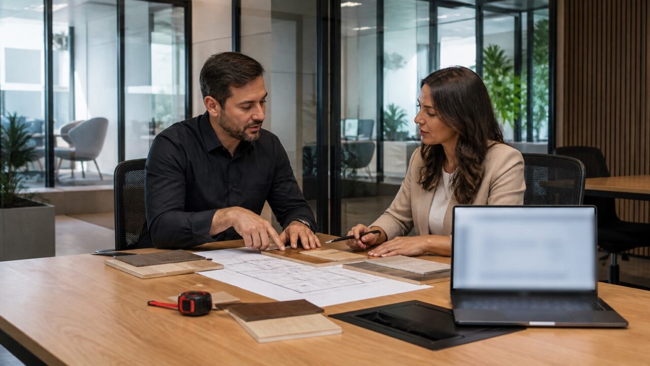 Comprador e consultor analisando planta e amostras de móveis corporativos
