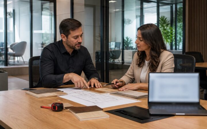 Comprador e consultor analisando planta e amostras de móveis corporativos