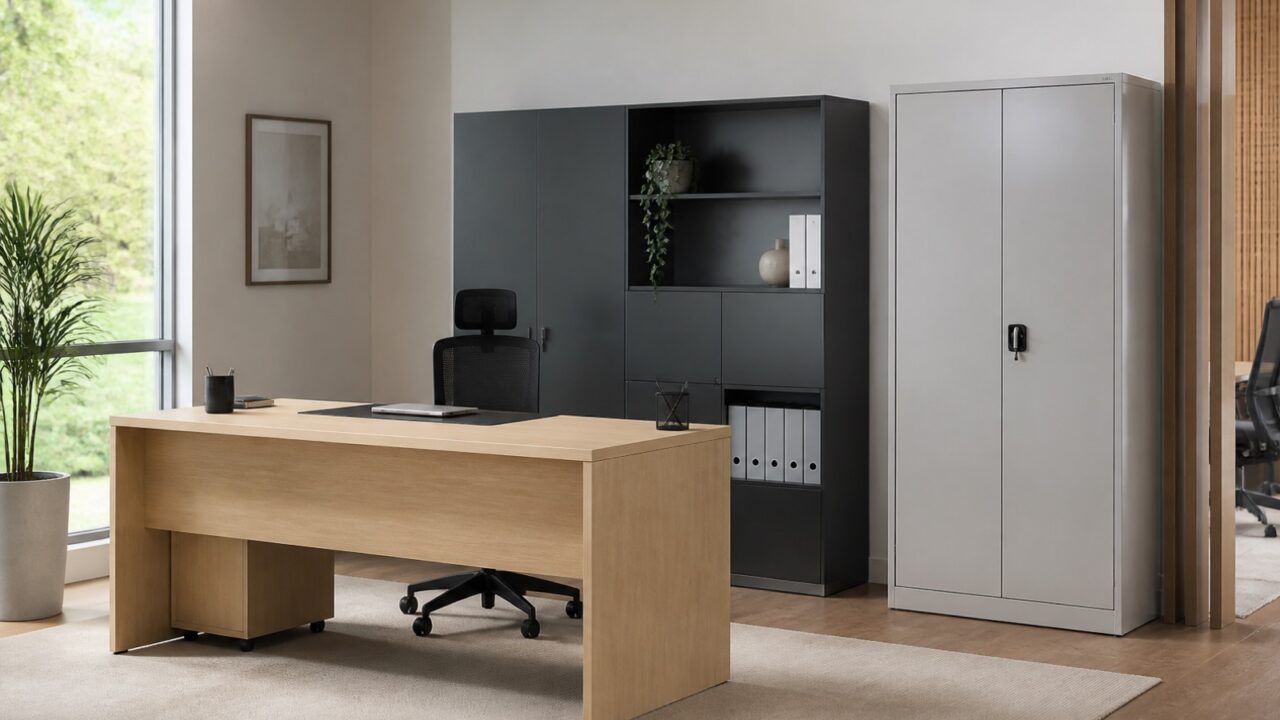 Amostras de painéis de madeira e aço ao lado de uma mesa corporativa contemporânea