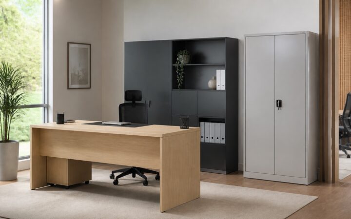 Amostras de painéis de madeira e aço ao lado de uma mesa corporativa contemporânea