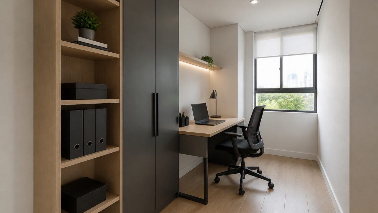 Escritório corporativo compacto e organizado com mesa, cadeira e armário vertical