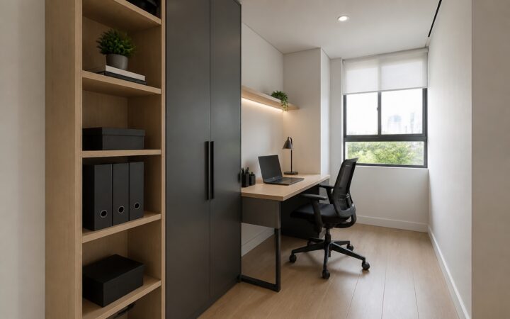 Escritório corporativo compacto e organizado com mesa, cadeira e armário vertical