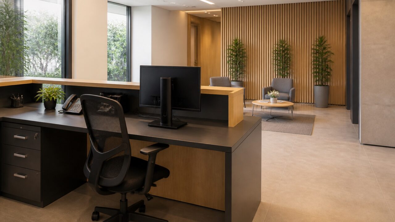 Balcão de recepção contemporâneo com posto interno e área de atendimento visíveis