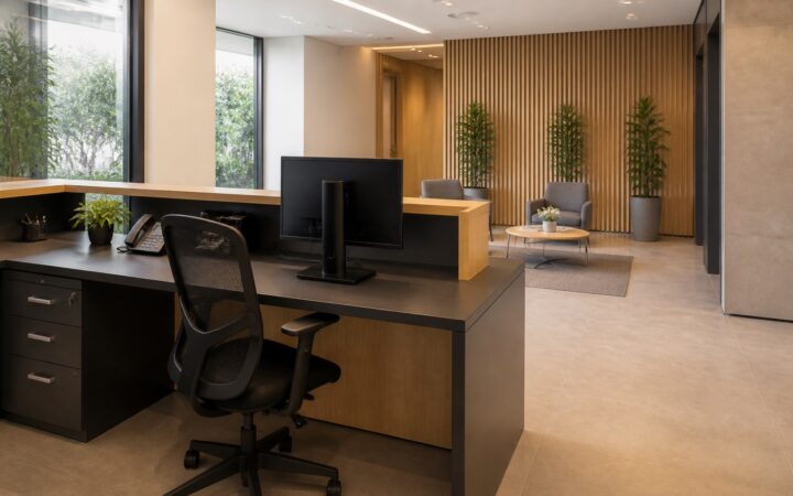 Balcão de recepção contemporâneo com posto interno e área de atendimento visíveis