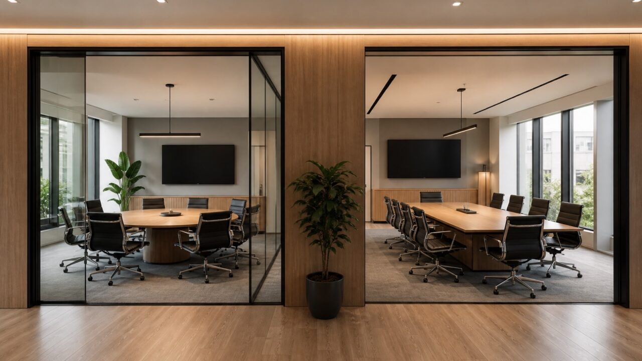 Sala com mesa de reunião redonda e outra com mesa retangular em comparação