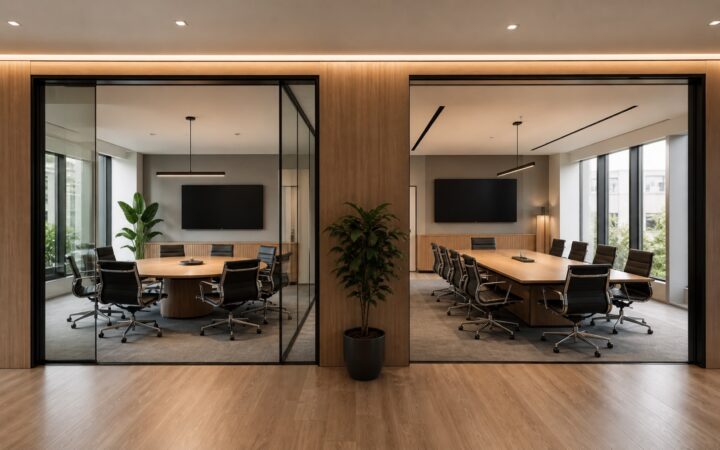 Sala com mesa de reunião redonda e outra com mesa retangular em comparação