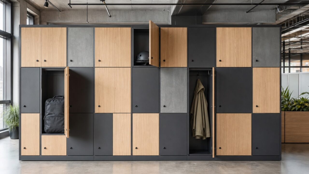 Parede modular de lockers corporativos com compartimentos de tamanhos variados