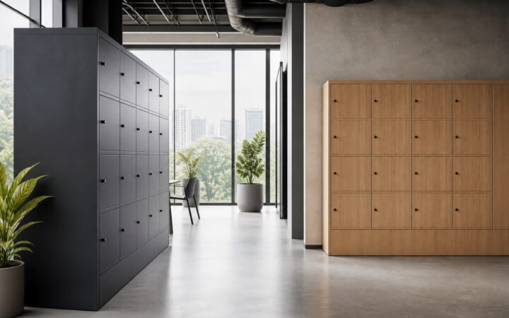 Locker metálico e locker amadeirado em ambientes corporativos equivalentes