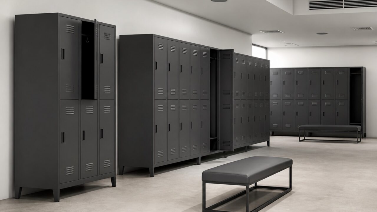 Vestiário corporativo limpo com fileira de roupeiros de aço e banco central