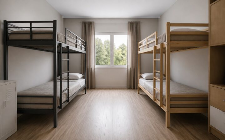 Quarto de alojamento organizado com um beliche de aço e outro de madeira