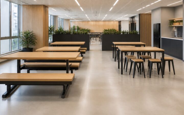 Refeitório corporativo com conjunto de banco acoplado e mesa com bancos separados