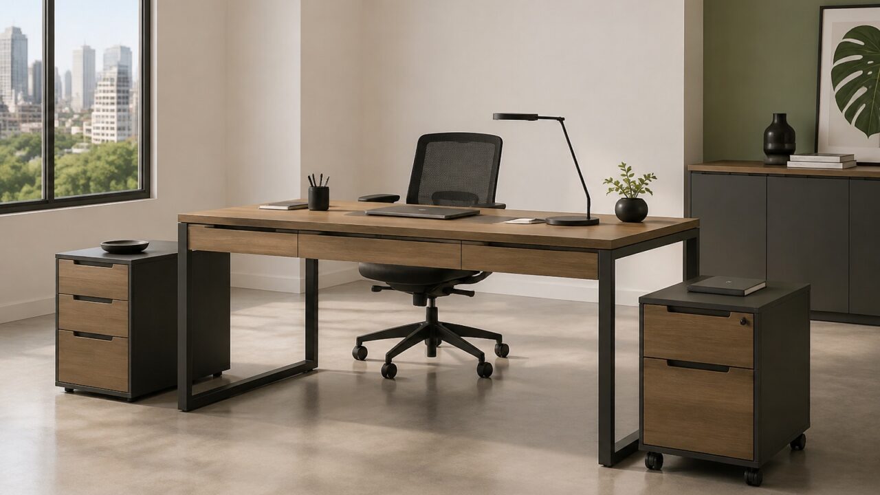 Mesa de escritório com gavetas integradas, pedestal lateral e gaveteiro volante em ambiente corporativo