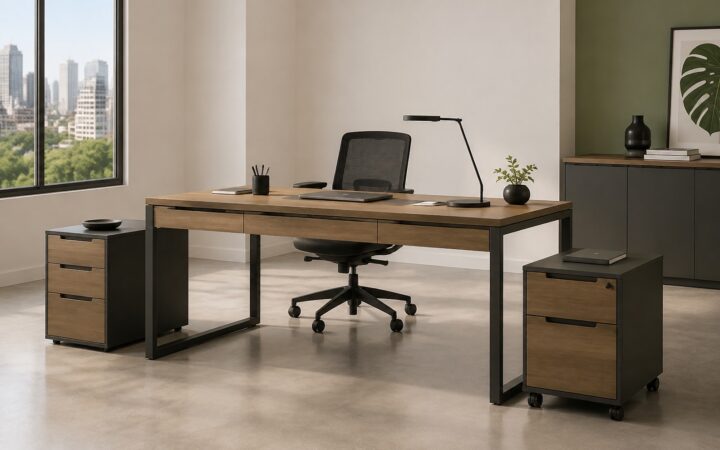 Mesa de escritório com gavetas integradas, pedestal lateral e gaveteiro volante em ambiente corporativo