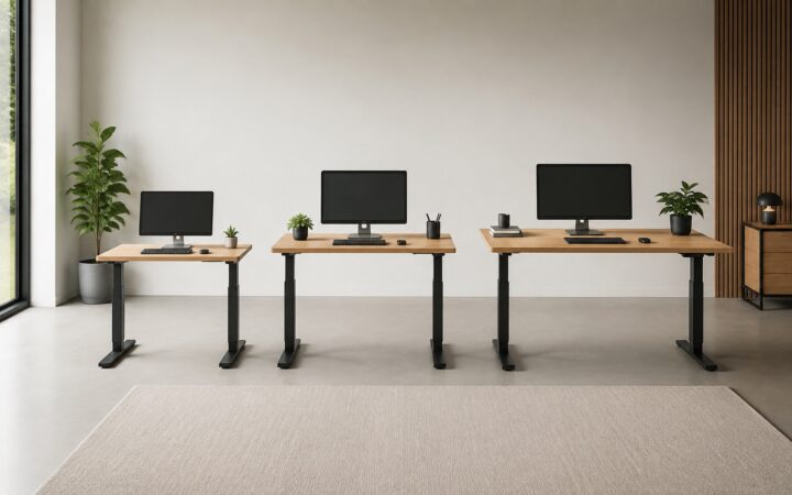 Três mesas de escritório em tamanhos crescentes com computadores e acessórios proporcionais