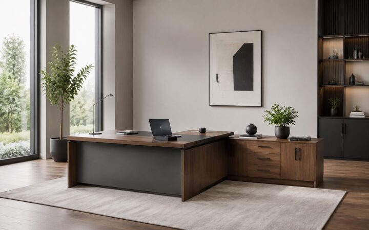 Mesa de escritório executiva com armário lateral integrado em sala corporativa contemporânea